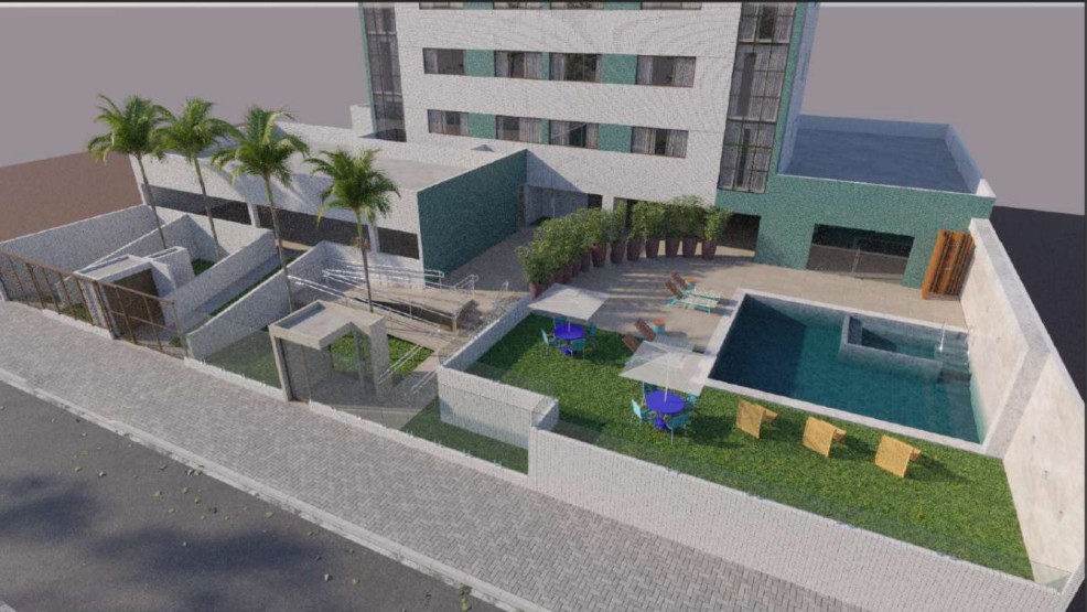 Área de lazer do Domus Boa Viagem com piscina e deck