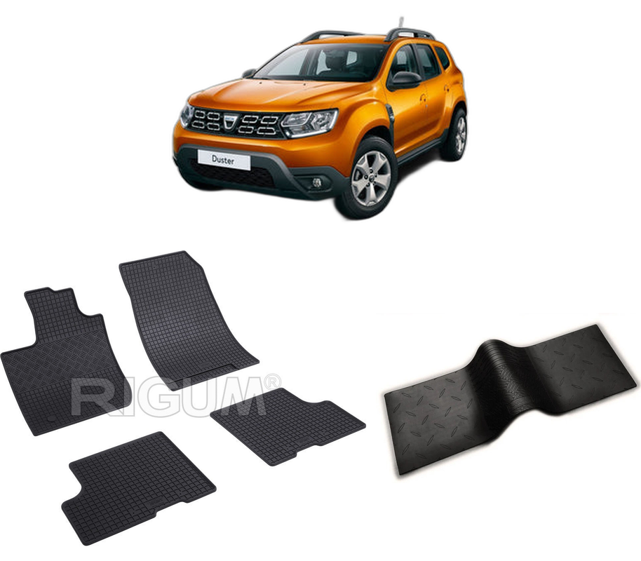 Set covorase auto DACIA DUSTER II din 01.2018-05.2024, cu covoras tunel median, CAROSERIE SUV, Presuri cauciuc 100%, compatibil cu autoturismul DACIA DUSTER II, Rigum