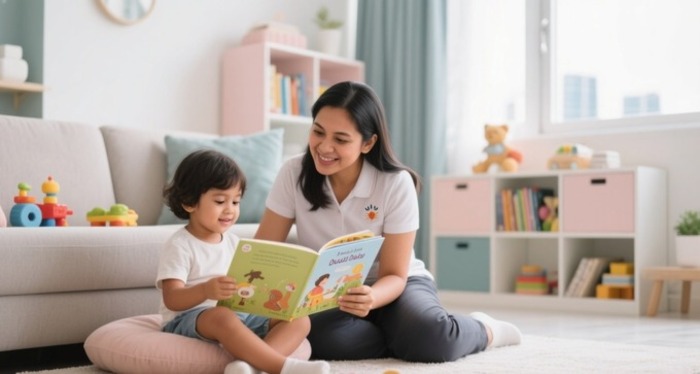 Filipina nanny teaching a young child