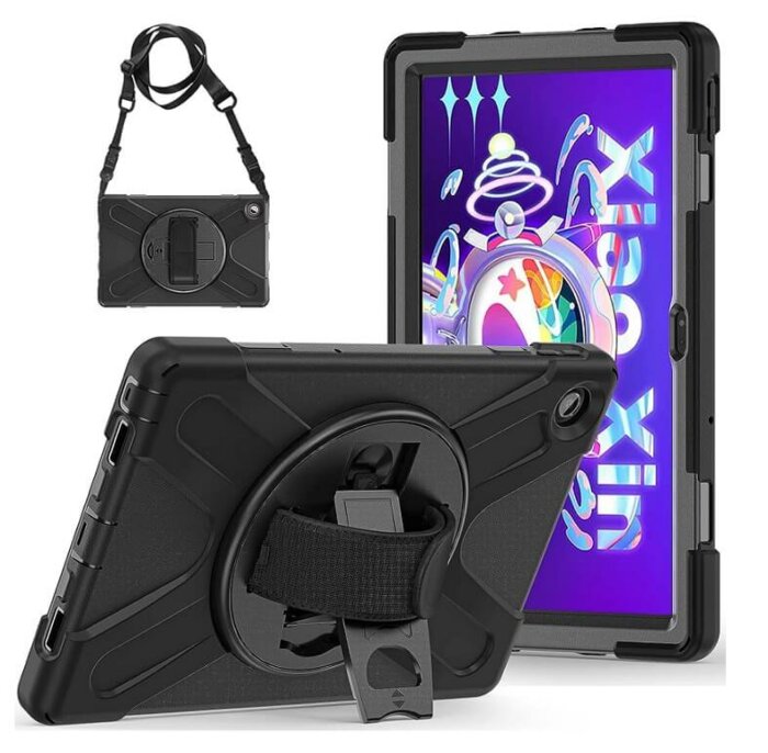 Funda a prueba de golpes para Lenovo Tab M10 Plus con soporte giratorio, correa de mano y portalápices.