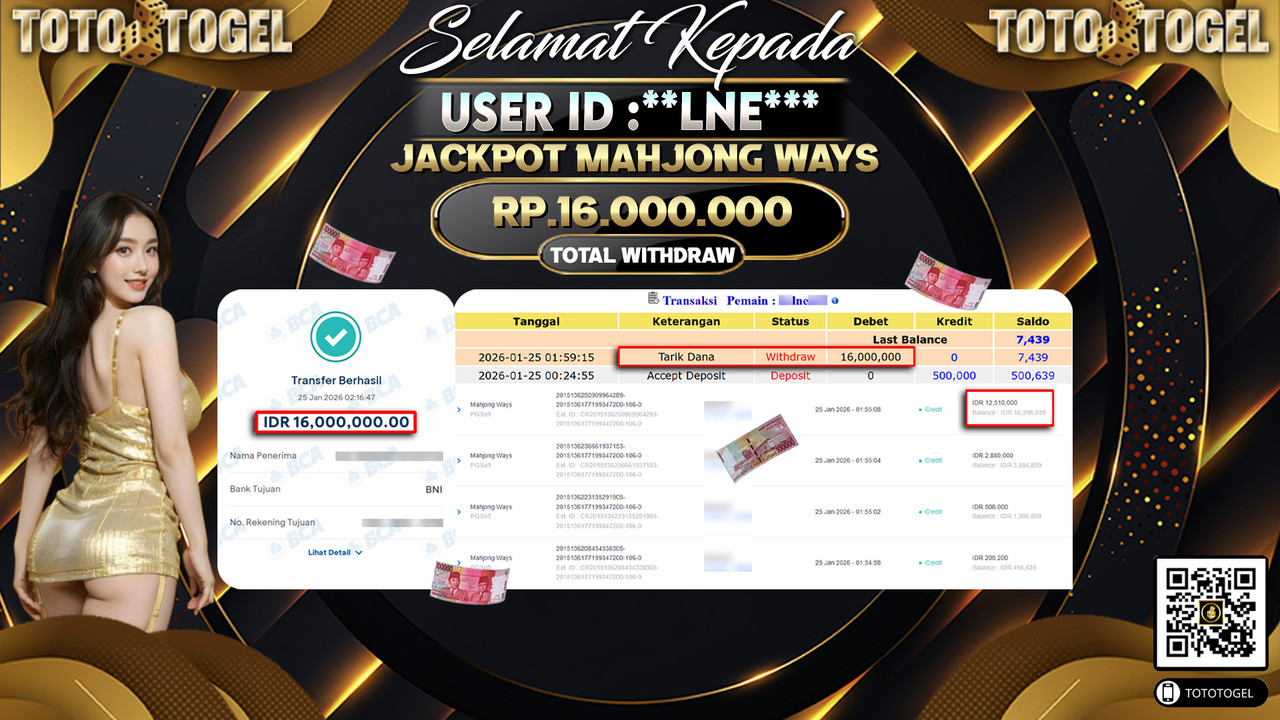 Bukti Pembayaran Jackpot Permainan Slot Mahjong Ways ID:**LNE***LUNAS