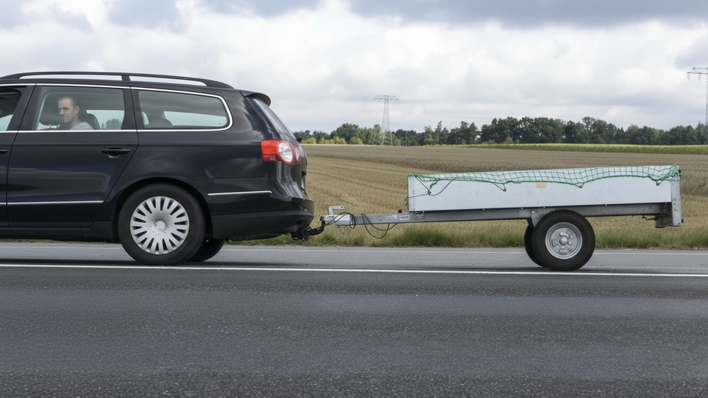 Легковой автомобиль буксирует прицеп на торсионной подвеске по асфальтированной дороге