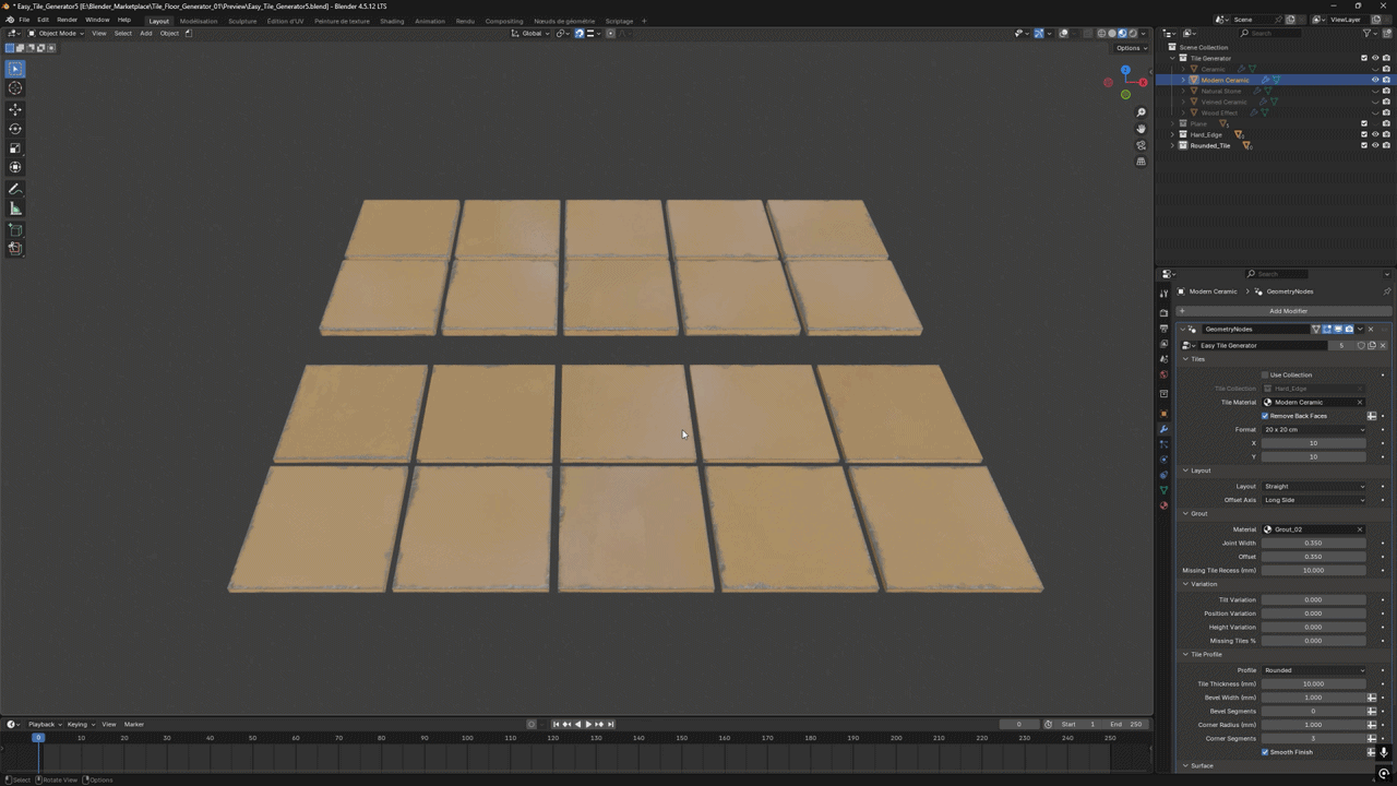 Custom tile models from a collection with original UV mapping preserved and underside faces removed