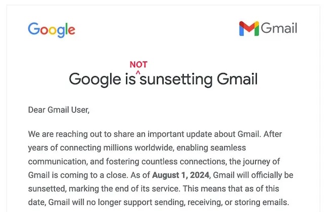 Mensagem falsa sobre o fim do Gmail. Imagem: Techcrunch