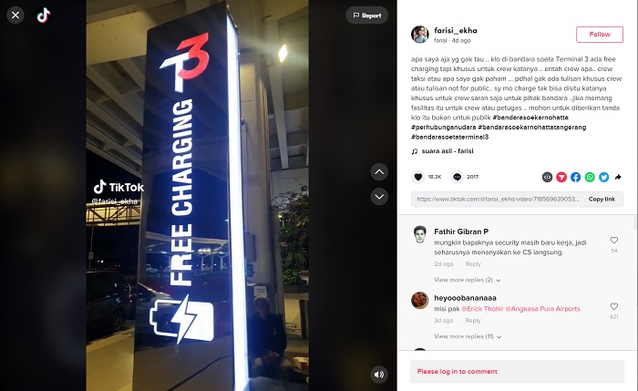 Unggahan video viral seorang pengunjung yang mengeluh lantaran tak boleh memakai layanan free charging di Bandara Soekarno-Hatta.