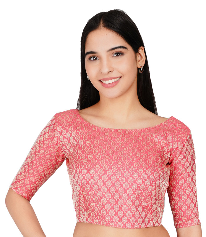 Women’s Readymade Saree Blouse Brocade Elbow Length Boat Neck Traditional Choli