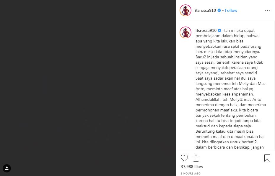 Permintaan maaf Rossa kepada Melly Goeslaw (Instagram/itsrossa910)