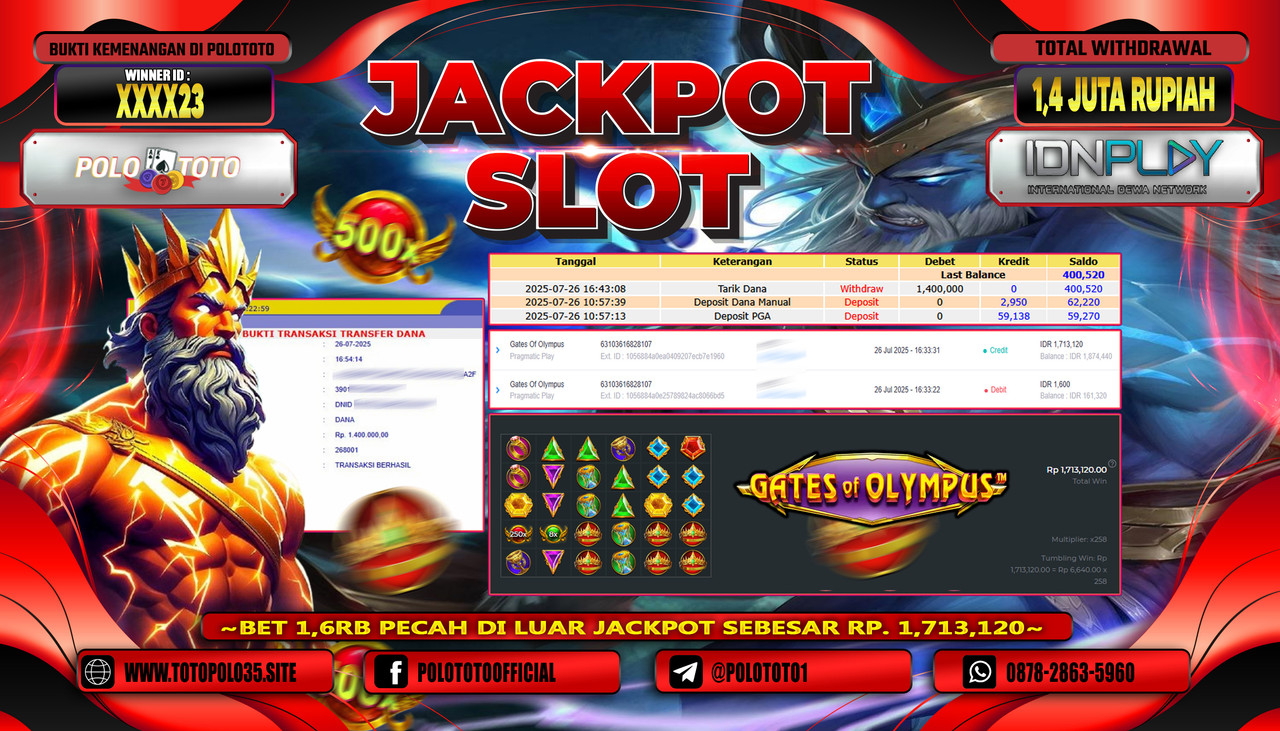 POLOTOTO JACKPOT SLOT GATES OF OLYMPUS Rp.1.400.000,-LUNAS