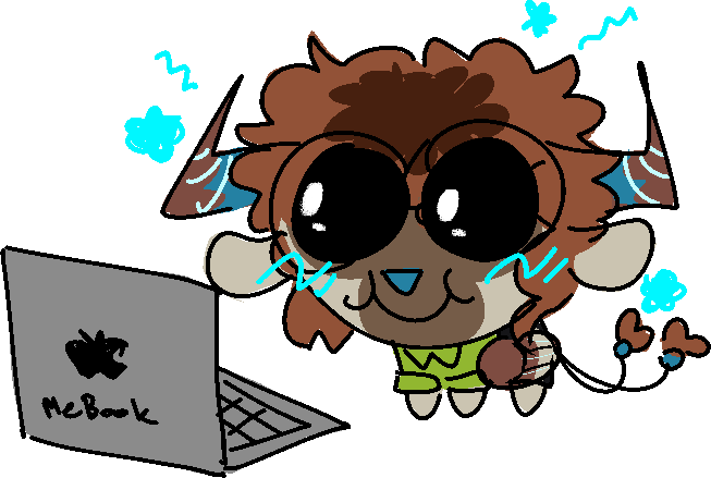 frogisanut's sona drawn as the yippie creature looking at the laptop delighted