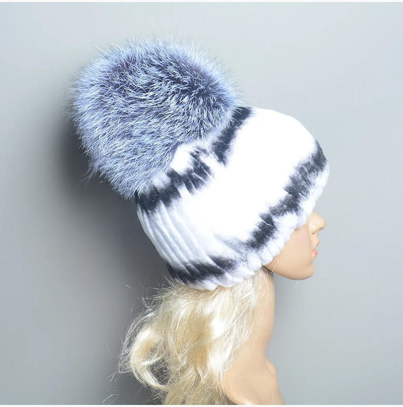 Real Rex Rabbit Fur Winter Hat Women Knitted Beanie with  display picture 2