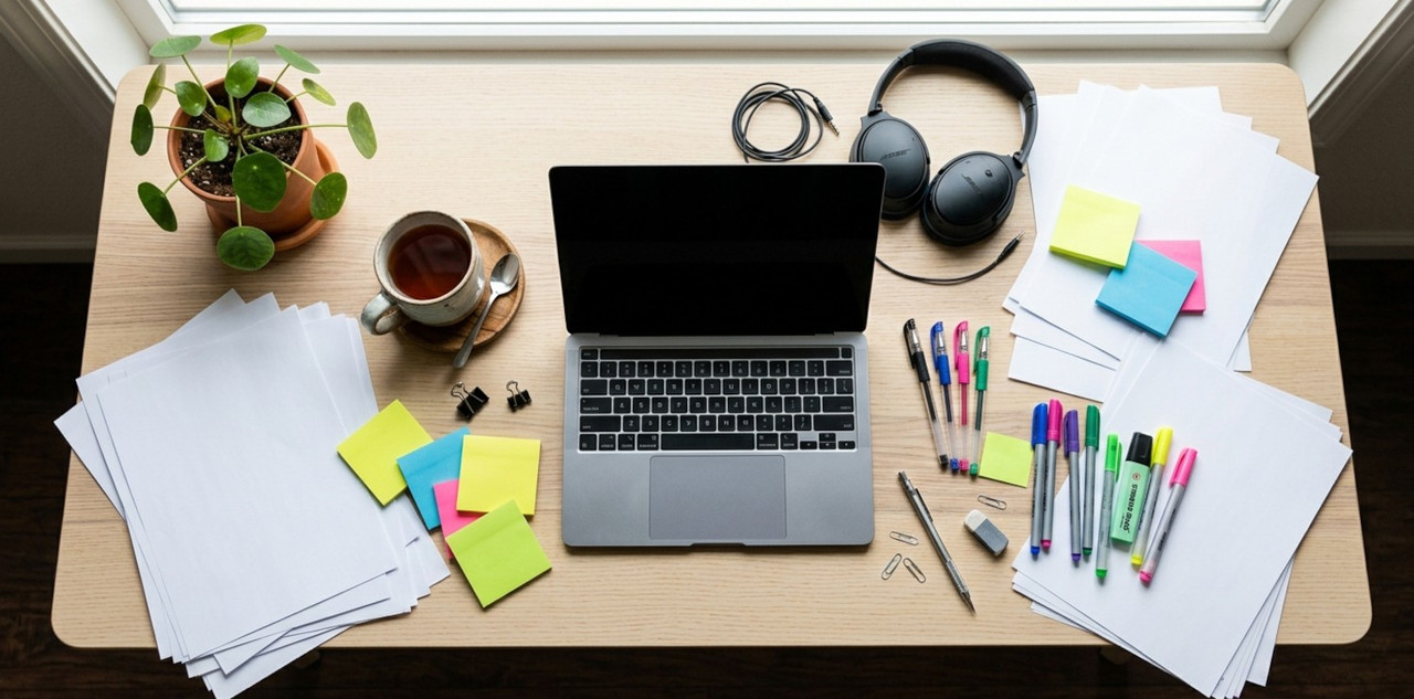 a laptop with a dark screen, surrounded by scattered stacks of white paper