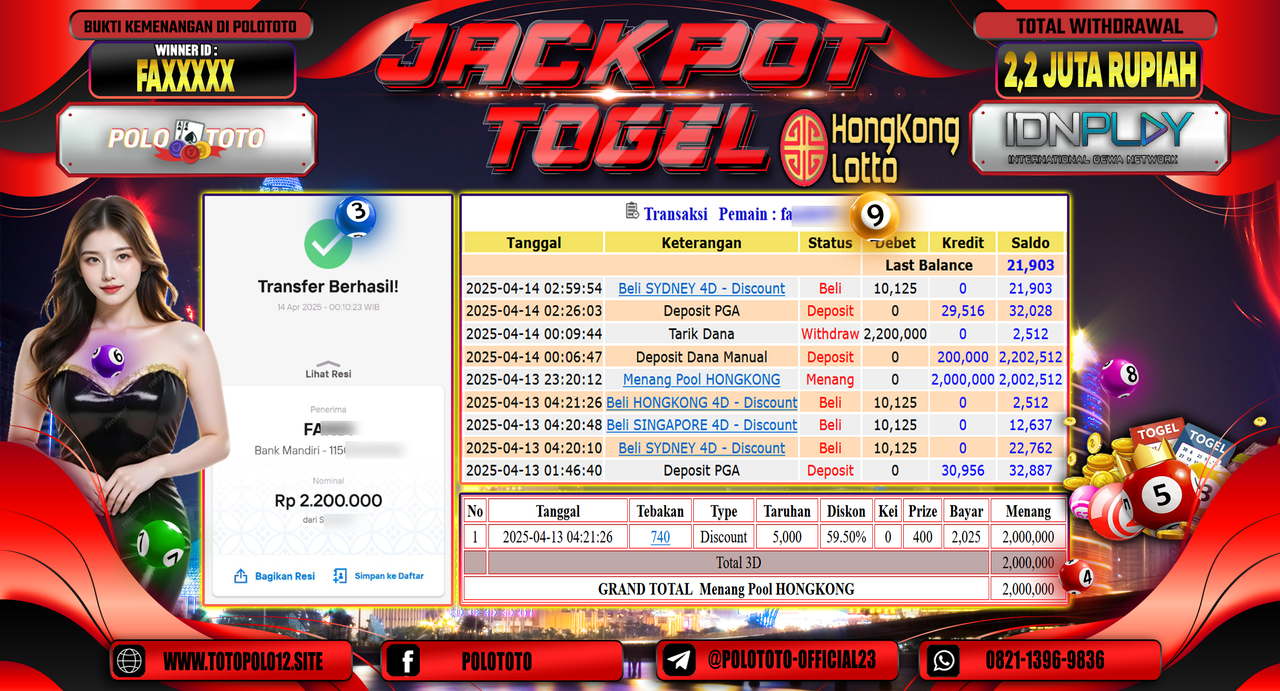 POLOTOTO JACKPOT TOGEL PASARAN HONGKONG LOTTO Rp.2.200.000,- LUNAS
