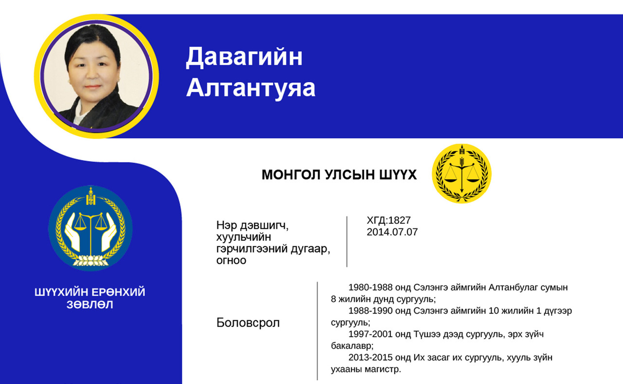 Иргэний хэргийг харьяалан шийдвэрлэх давж заалдах шатны шүүхийн шүүгчид нэр дэвшигч Д.Алтантуяагийн мэргэжлийн үйл ажиллагааны танилцуулга