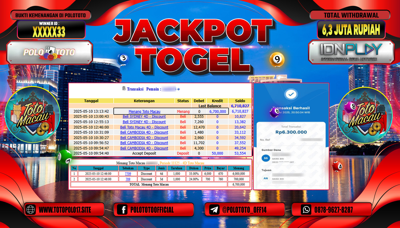 POLOTOTO JACKPOT TOGEL TOTO MACAU 4D Rp.6.300.000,-