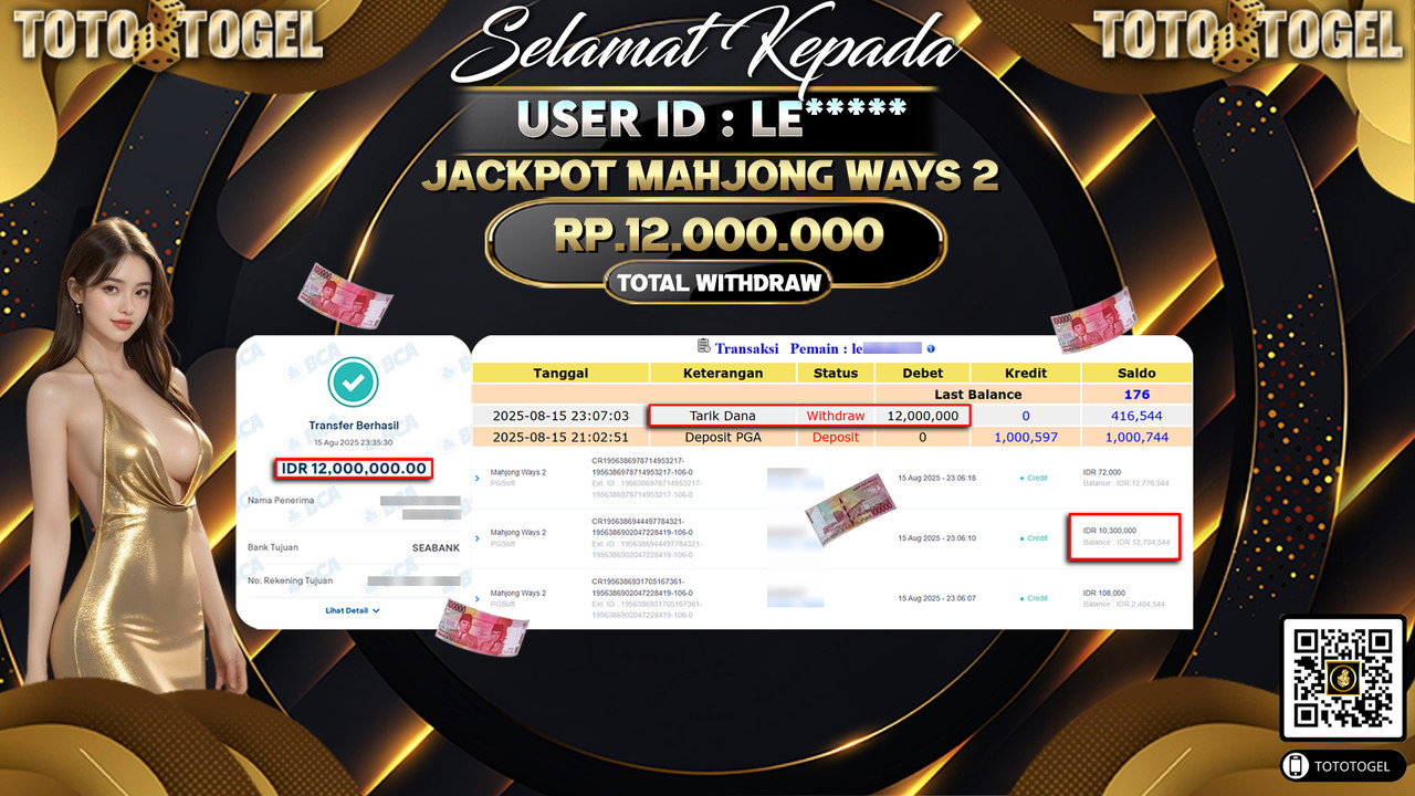 Bukti Pembayaran Jackpot Permainan Slot Mahjong Ways 2 ID:LE***** LUNAS