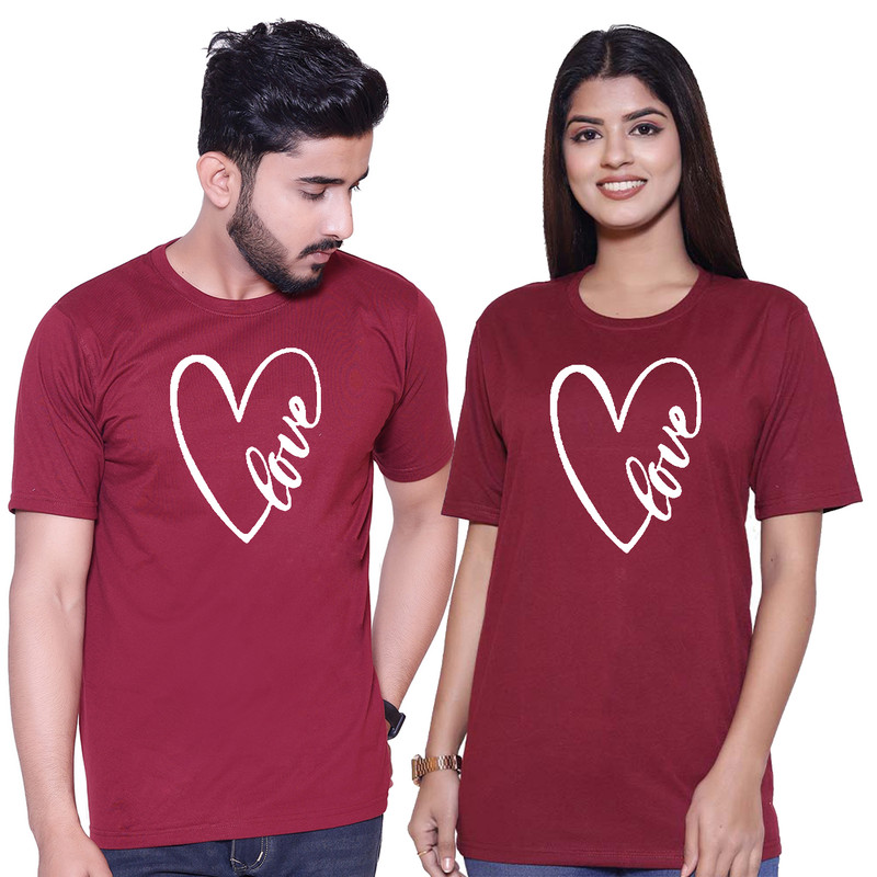 Sniggle Love Men and Women Round Neck Maroon T-Shirt (Pack of 2, Cotton)
