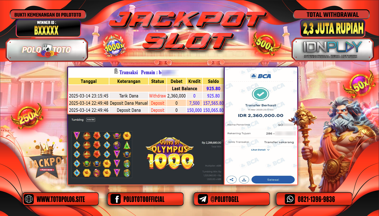 POLOTOTO JACKPOT SLOT GATES OF OLYMPUS 1000 Rp.2.360.000,-
