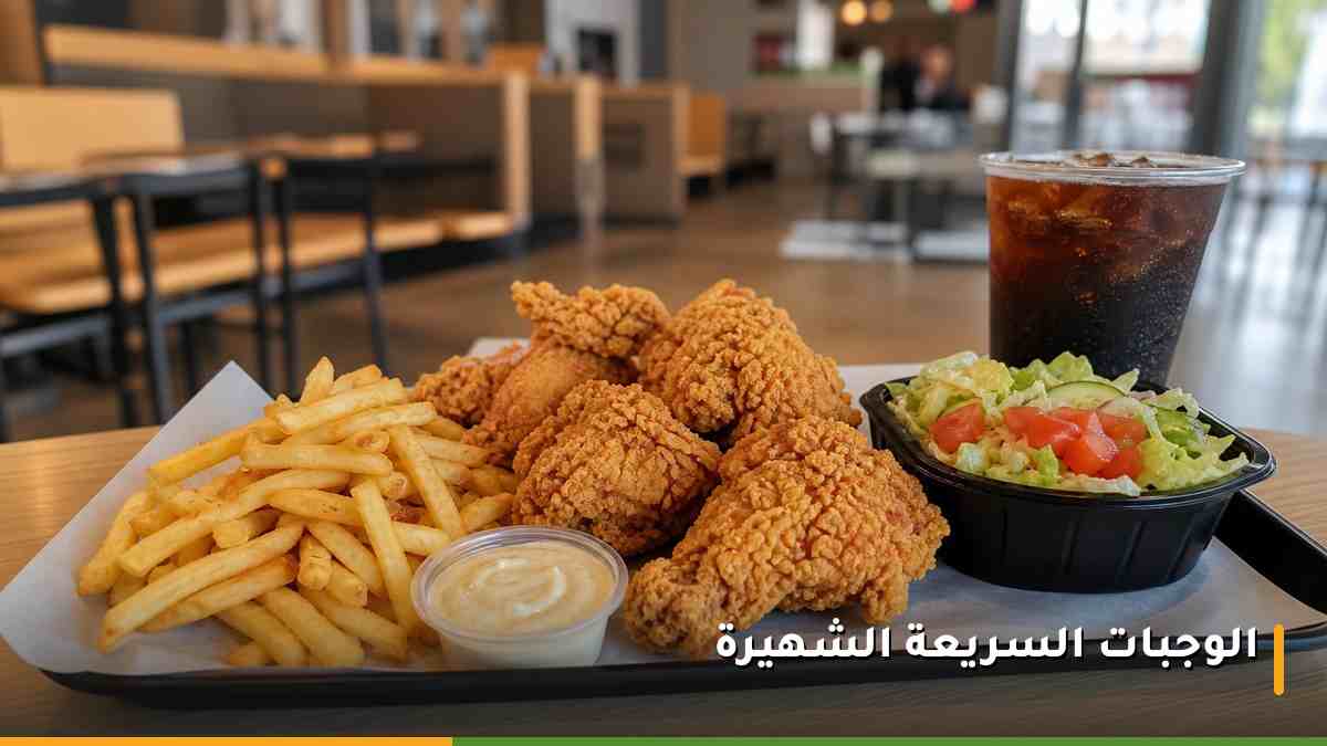 وجبة دجاج مقلي مقرمش مع البطاطس والصلصة في مطاعم الوجبات السريعة بمكة المكرمة