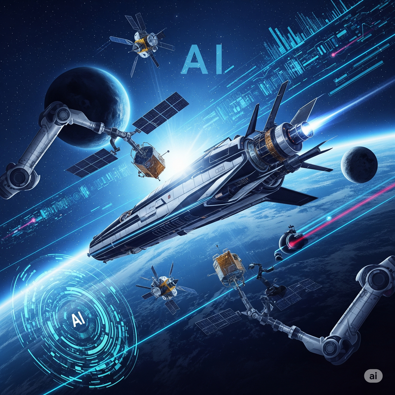 A conceptual view of an AI system overseeing a complex space mission, with multiple screens displaying data and mission parameters.