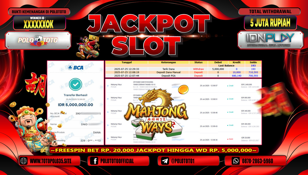 POLOTOTO JACKPOT SLOT MAHJONG WAYS Rp.5.000.000,- LUNAS