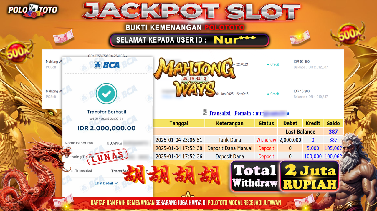 POLOTOTO JACKPOT SLOT MAHJONG WAYS Rp.2,000.000,-