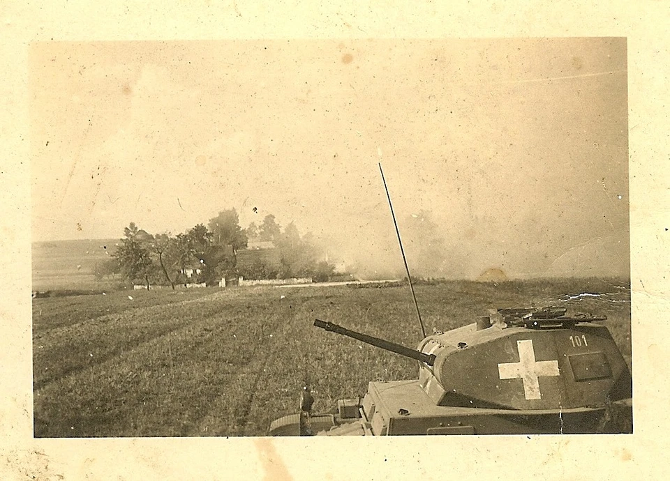 WAR German Pzkw II Panzer Tank in Polish Field w Fires Burning in Distance (1)
