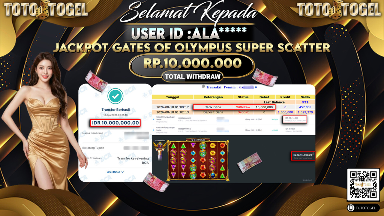 Bukti Pembayaran Jackpot Slot Gates Of Olympus Super Scatter ID:ALA*****LUNAS