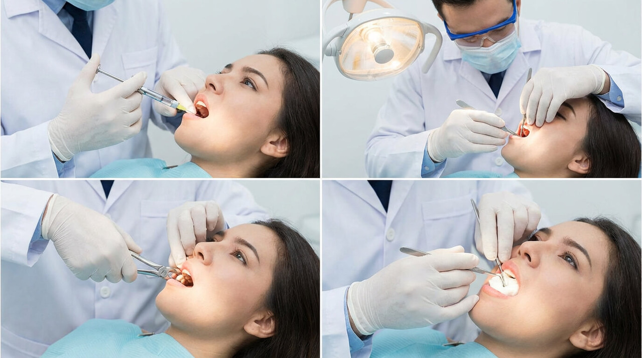 Иллюстрация этапов удаления зуба в стоматологической клинике