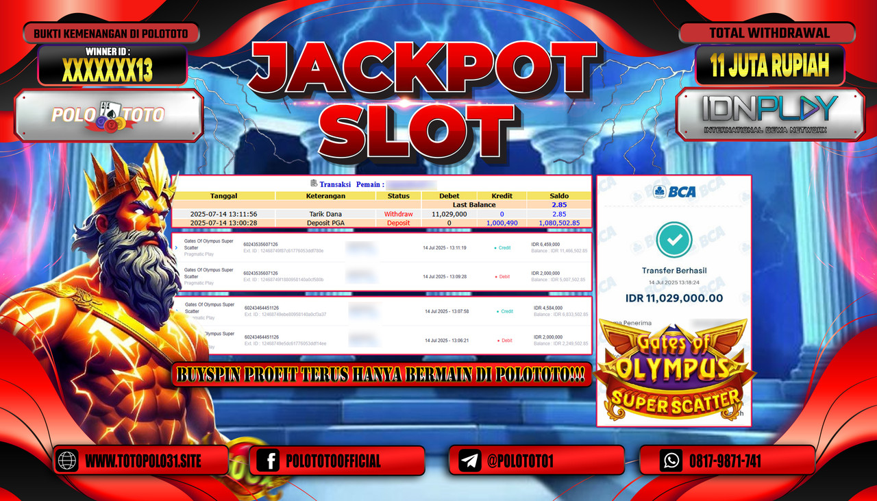 POLOTOTO JACKPOT SLOT GATES OF OLYMPUS SUPER SCATTER Rp.11.000.000,- LUNAS