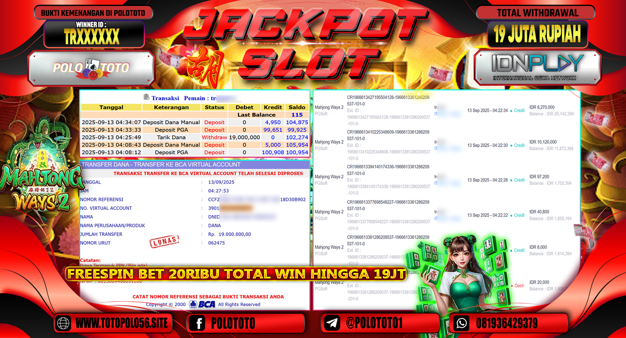 POLOTOTO JACKPOT SLOT MAHJONG WAYS 2 Rp.19.000.000,-