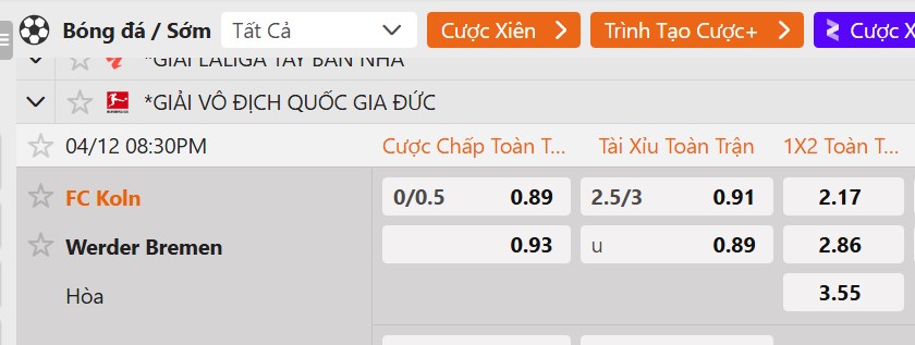 Tỷ lệ kèo Koln vs Werder Bremen