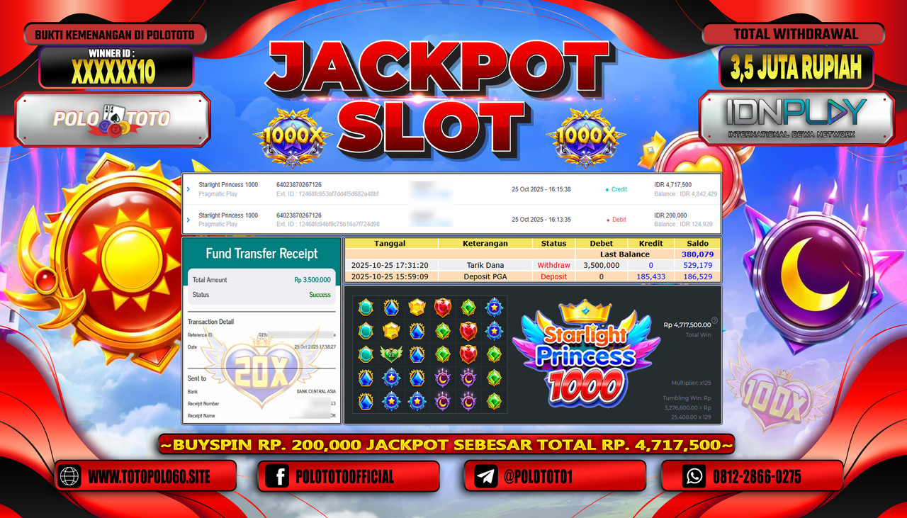POLOTOTO JACKPOT SLOT STARLIGHT PRINCESS 1000 Rp.3.500.000,- LUNAS