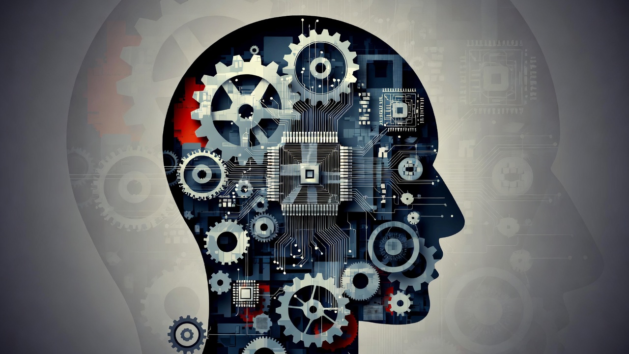 Abstract illustration of a human head silhouette with mechanical gears and digital circuit patterns inside, representing the intersection of human workers and artificial intelligence in the current job market.