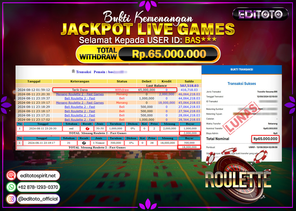 JACKPOT LIVE GAME ROULETTE 2 Rp.65.000.000.,- LUNAS