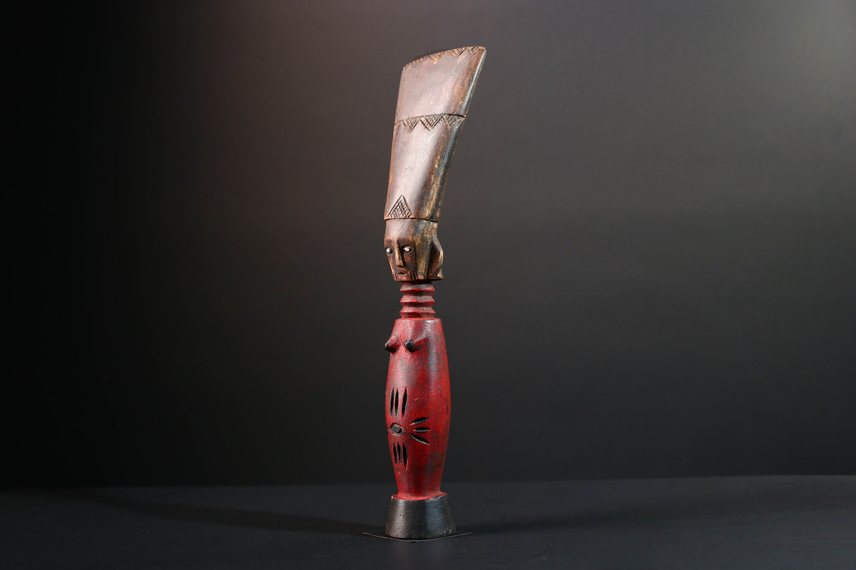 Lega tribal staff sculpture red body unpainted crest