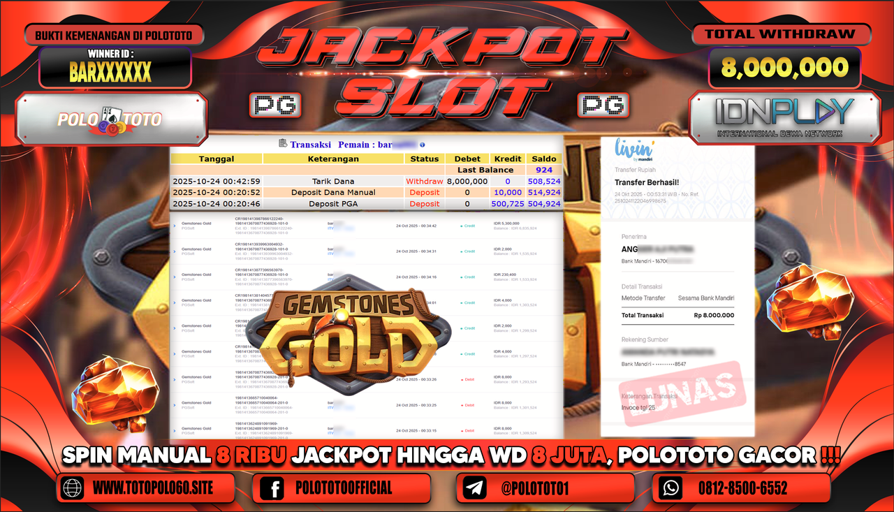 POLOTOTO JACKPOT SLOT GEMSTONES GOLD Rp.8.000.000,- LUNAS