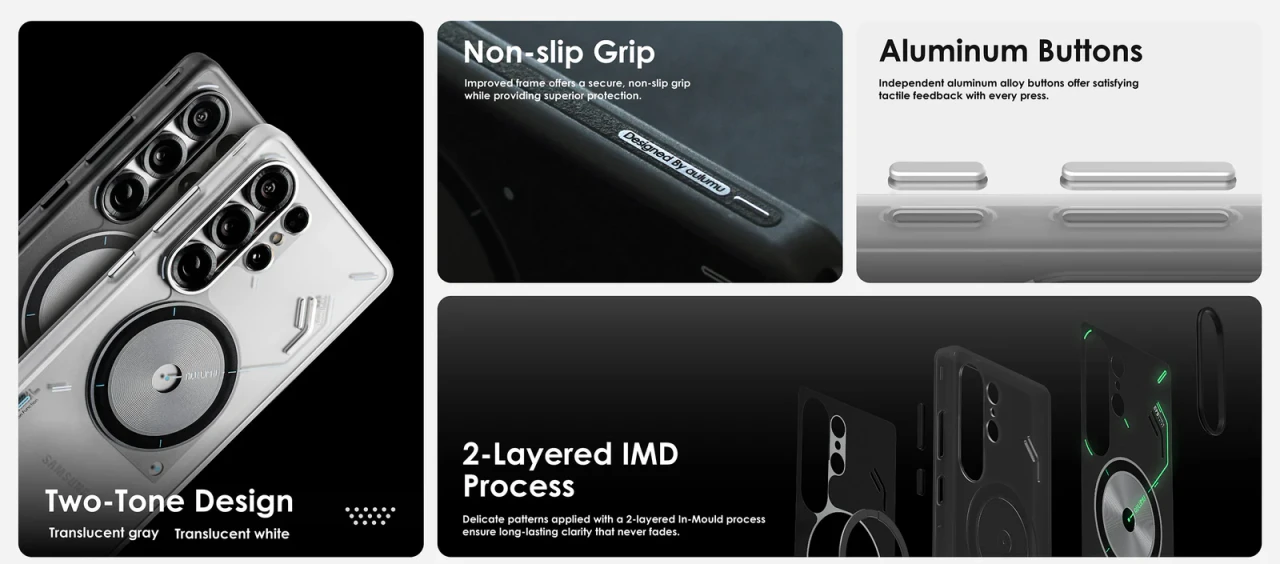 Husa pentru Samsung S25 Ultra, Aulumu Frosted, TPU rezistent, Compatibila MagSafe, Efect fosforescent, Protectie Camera, Butoane aluminiu, Racire activa CoolHyper, Protectie premium, Gri/Transparent S25 2