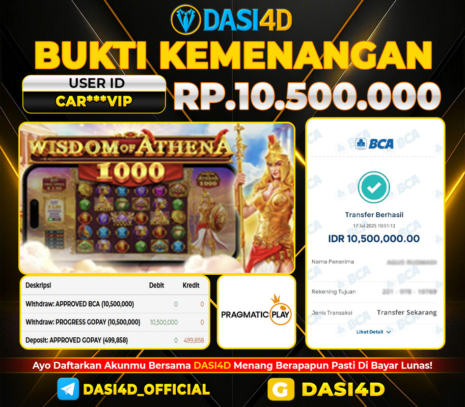 BUKTI KEMENANGAN 17 JULI 2025 DI WISDOM OF ATHENA RP 10.500.000