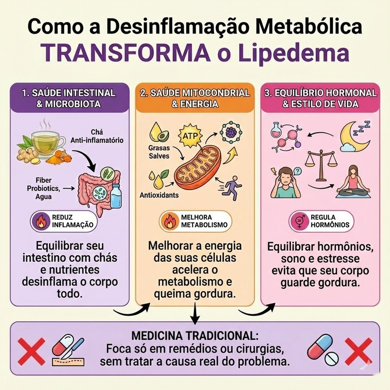 Infográfico dos 3 pilares do método: Alimentação, Ativação Linfática e Fortalecimento