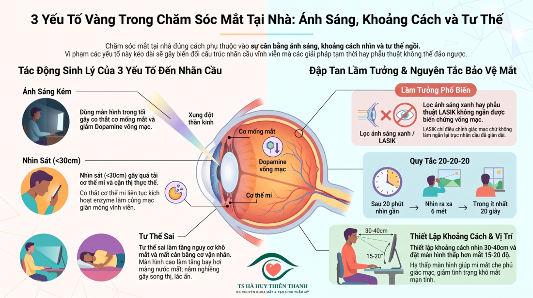 [1.2] Việc sử dụng &aacute;nh s&aacute;ng ph&ugrave; hợp, điều chỉnh khoảng c&aacute;ch nh&igrave;n v&agrave; duy tr&igrave; tư thế đ&uacute;ng c&oacute; vai tr&ograve; như thế n&agrave;o trong chăm s&oacute;c mắt tại nh&agrave;?
