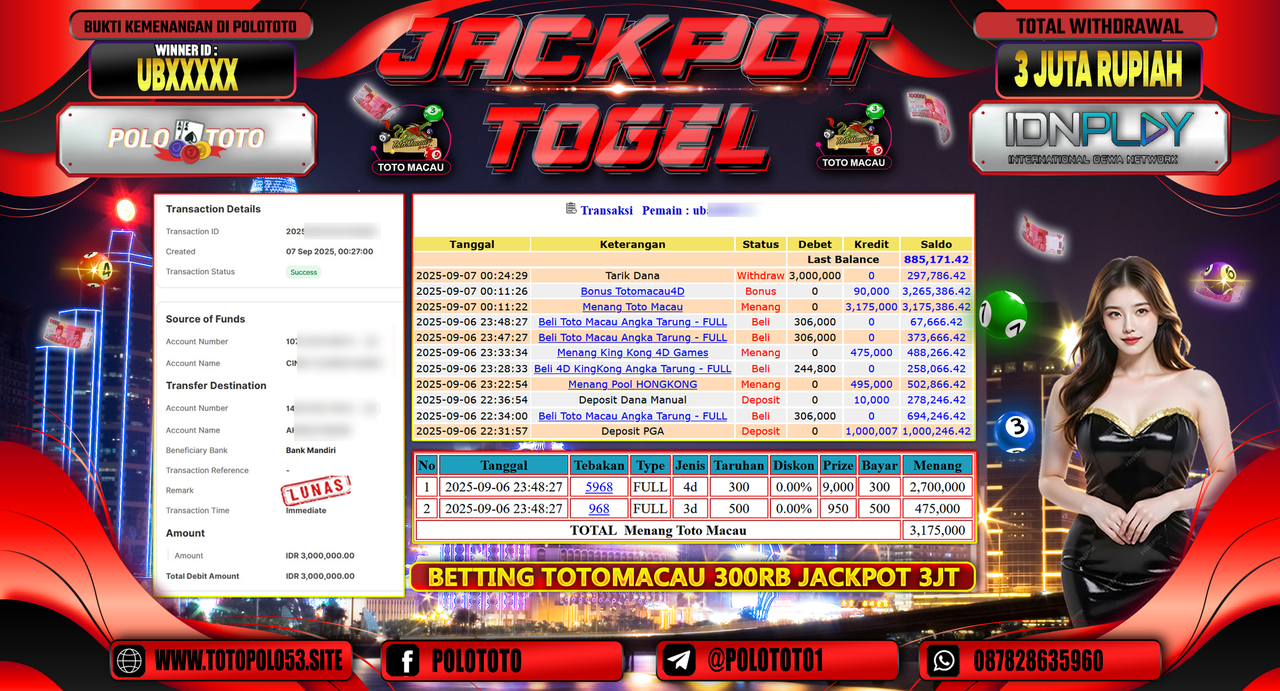 POLOTOTO JACKPOT TOGEL TOTO MACAU Rp.3.000.000,-