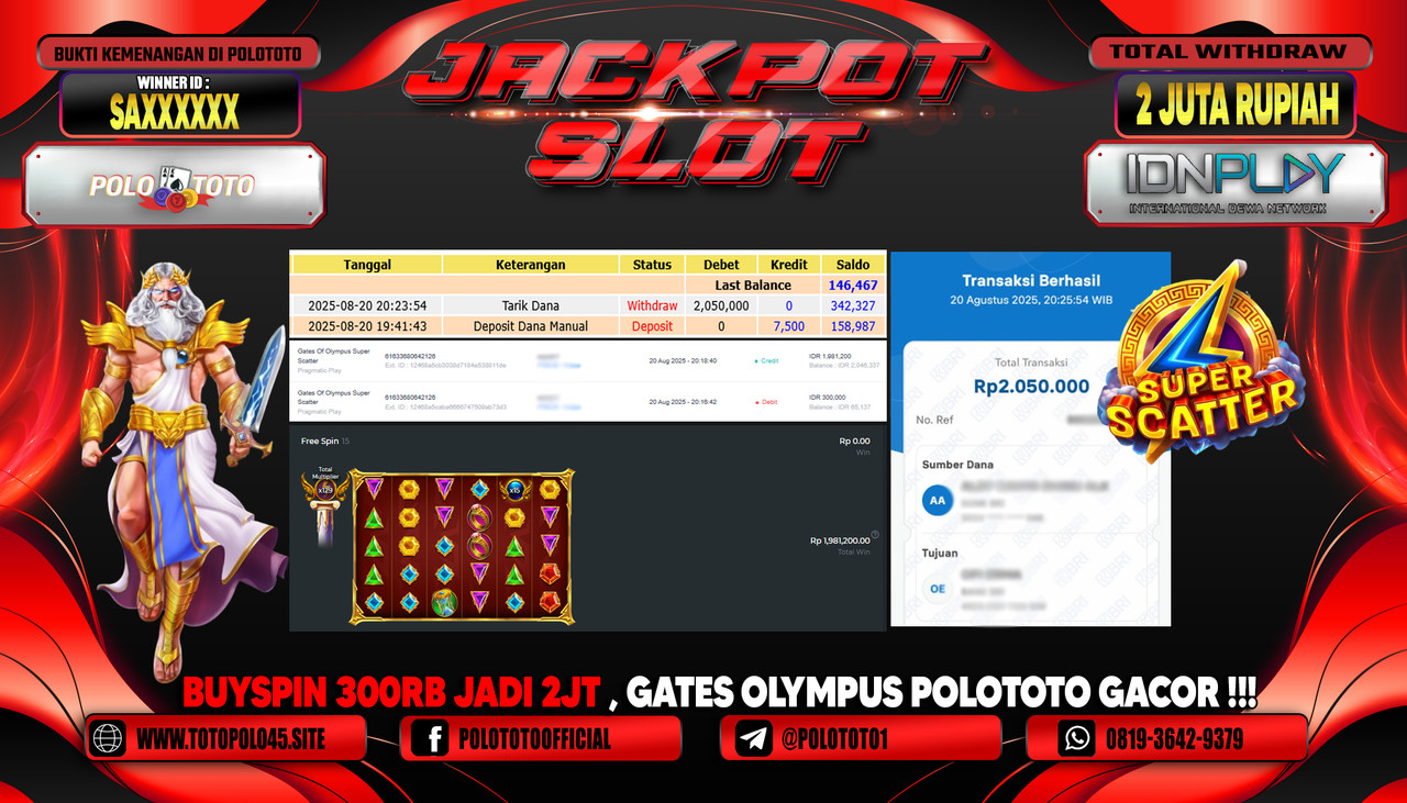 POLOTOTO JACKPOT SLOT GATES OF OLYMPUS SUPER SCATTER Rp.2.000.000,- LUNAS