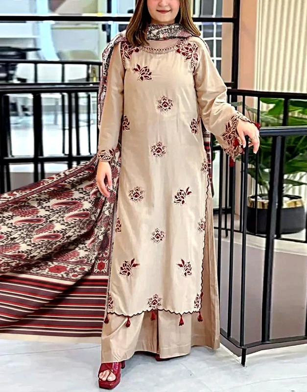 Skin-Color Dhanak Winter Dress – Subtle Embroidery, Matching Shawl