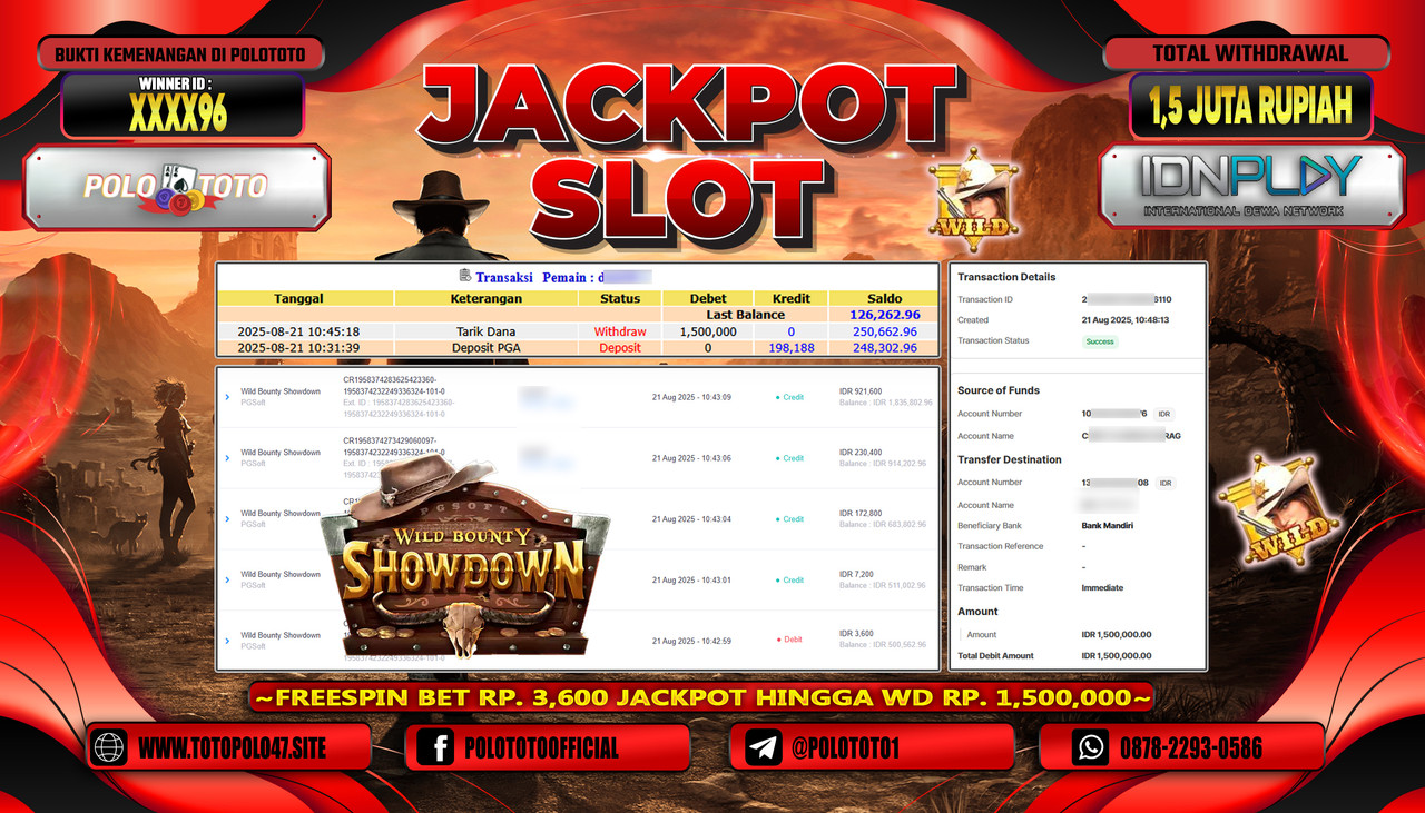 POLOTOTO JACKPOT SLOT WILD BOUNTY SHOWDOWN Rp.1.500.000,- LUNAS