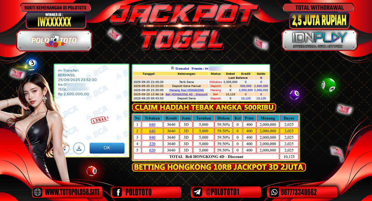 POLOTOTO JACKPOT TOGEL HONGKONG LOTTO Rp.2.500.000,- LUNAS