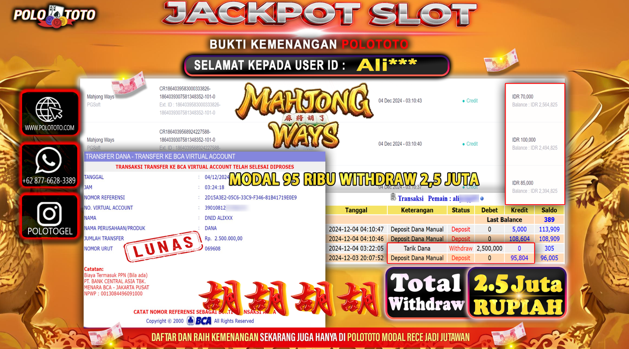 POLOTOTO JACKPOT SLOT MAHJONG WAYS Rp.2,500.000,-