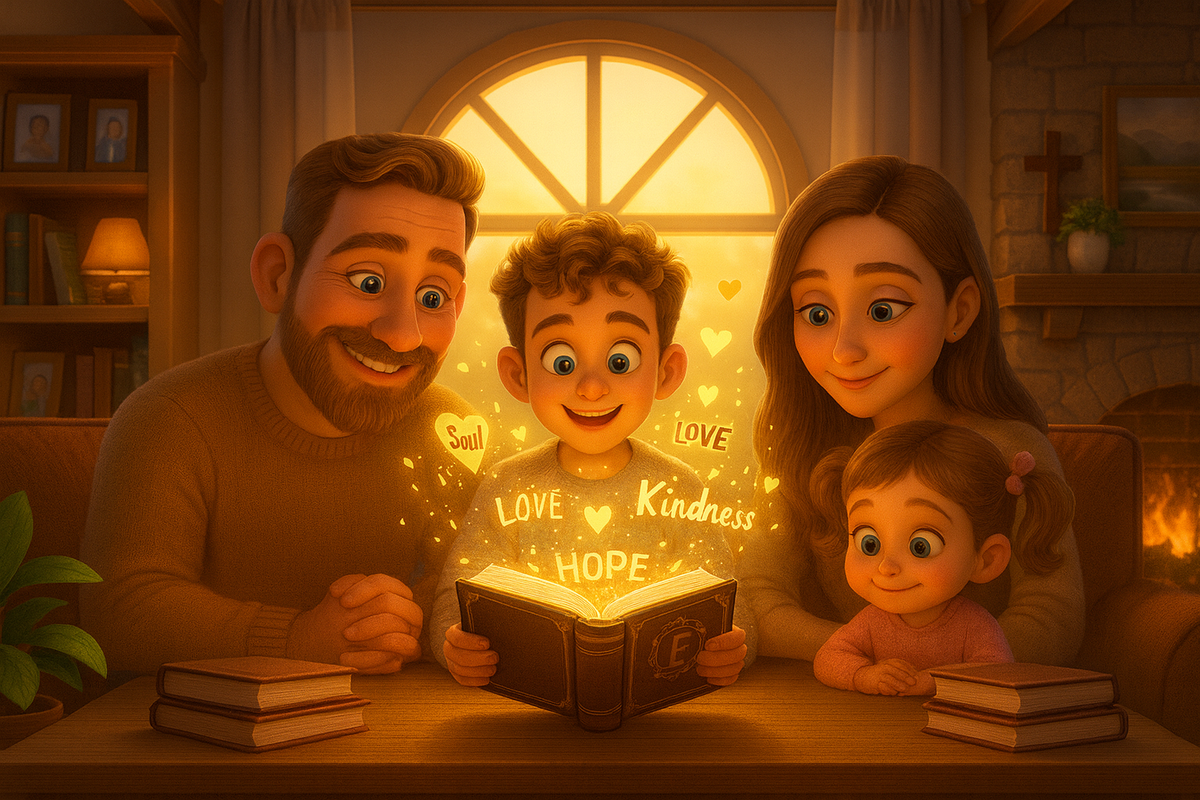 Ilustração de uma família cristã feliz jogando um jogo de tabuleiro em casa.