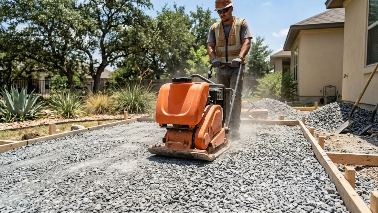 Crushed limestone base compaction for concrete patio installation in San Antonio Texas