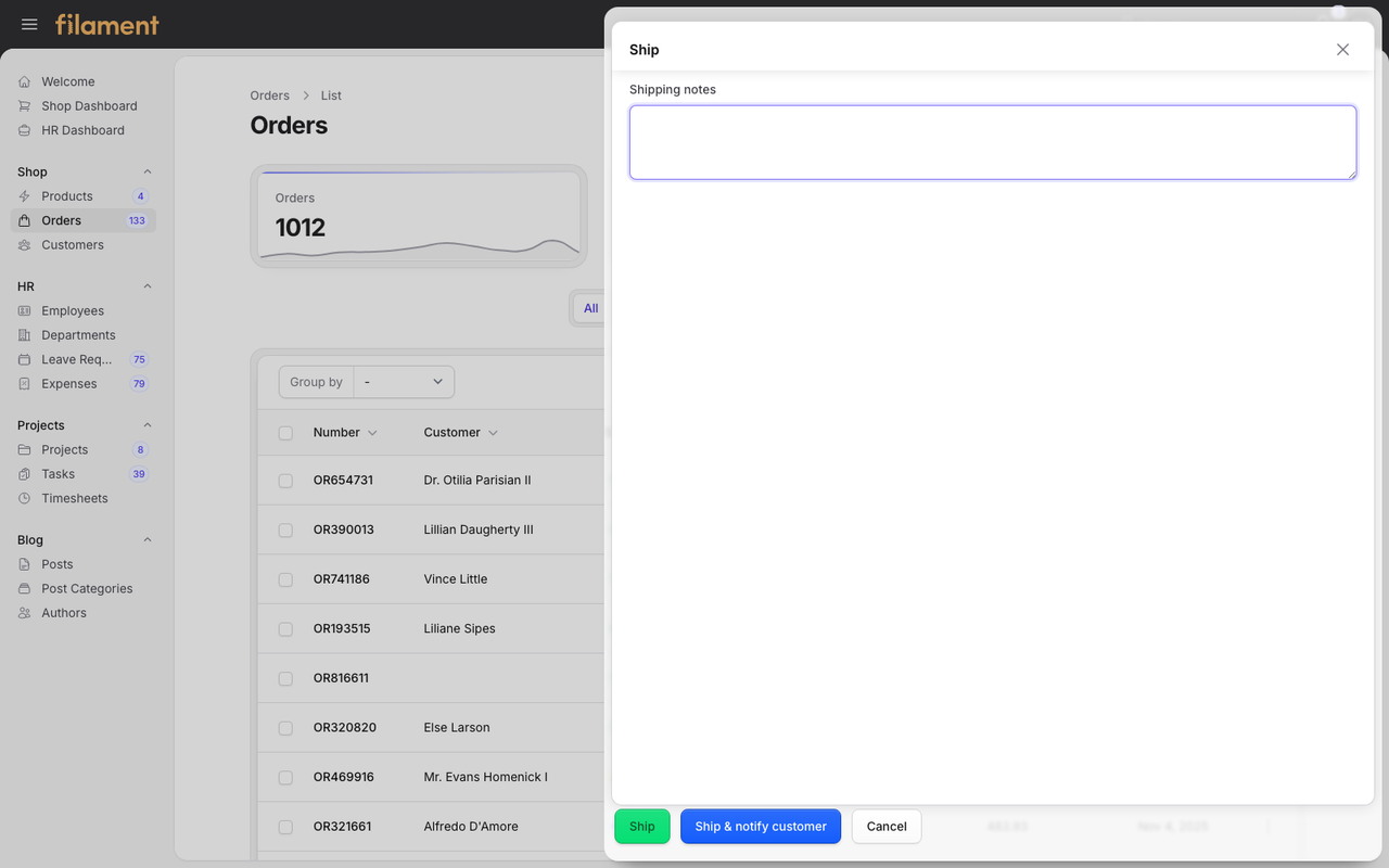 Stature Theme Shop order shipping slide-over in light mode