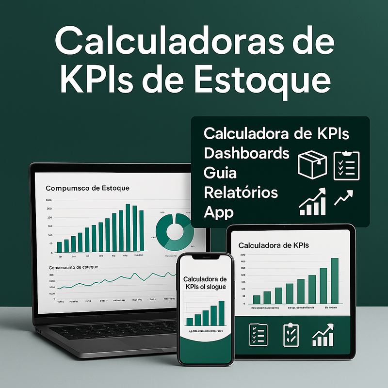 Mockup das Calculadoras de KPIs de Estoque em laptop, tablet e celular